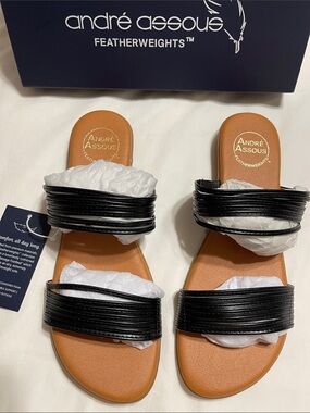 Andre Assous Black and Tan Double-Striped Slide Sandals